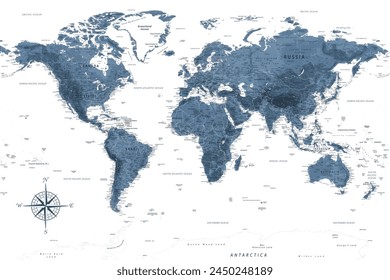 World Map - Highly Detailed Vector Map of the World. Ideally for the Print Posters. Grey Silver Monochrome Colors. Topographic Relief