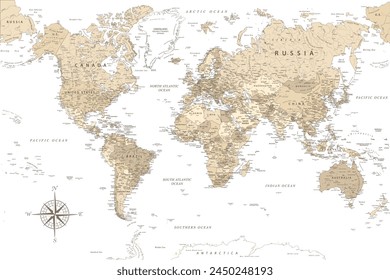 World Map - Highly Detailed Vector Map of the World. Ideally for the Print Posters. Beige Pastel Vintage Colors. Retro Style