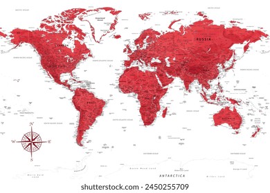 World Map - Highly Detailed Vector Map of the World. Ideally for the Print Posters. Ruby Red Colors. Relief Topographic