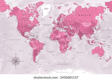 World Map - Highly Detailed Vector Map of the World. Ideally for the Print Posters. Rose Pink Colors. With Relief and Depth