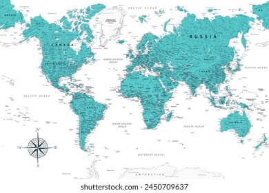 World Map - Highly Detailed Vector Map of the World. Ideally for the Print Posters. Sapphire Blue Green Grey Colors. Topographic Relief