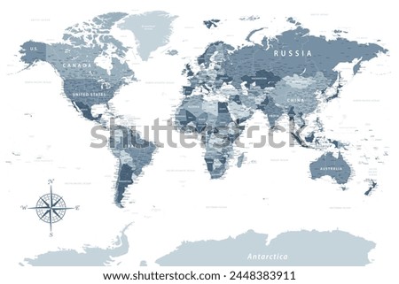 World Map - Highly Detailed Vector Map of the World. Ideally for the Print Posters. Grey Silver Spot Beige Retro Style.