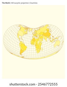 Mapa mundial. Proyección eucíclica de Hill. Estilo de los países. Mapa mundial de alto detalle para infografías, educación, informes, presentaciones. Ilustración vectorial.