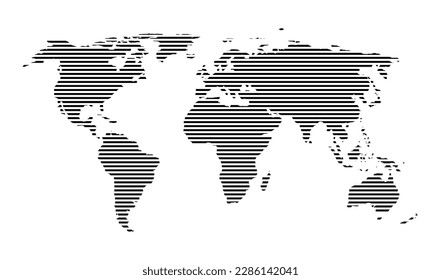 Mapa mundial con líneas horizontales. Patrón de rayas de tierra con continentes. Ilustración del diseño de la geografía para negocios, tecnología y viajes. Papel pintado negro del globo. Vector.