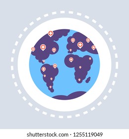 world map hospital location red cross marker geo tag icon healthcare medical service logo medicine and health symbol concept flat