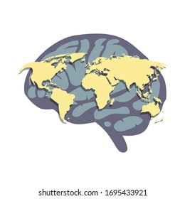 World map with human brain global population concept vector illustration