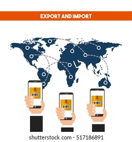 world map with human hand holding a smartphone device. export and import colorful design. vector illustration