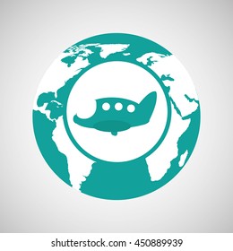 world map icon with an airplane, vector illustration