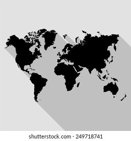 world map icon - black illustration with long shadow