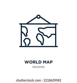 Weltkarte Symbol aus der Bildungs-Sammlung. Dünne lineare Weltkarte, Globus, globale Umrisssymbol einzeln auf weißem Hintergrund. Zeilenkartenzeichen, Symbol für Web und Mobilfunk