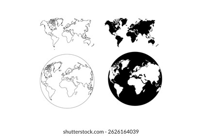 World map icon features four different representations suitable for educational materials, infographics, presentations, and travelrelated designs. Great for globalthemed projects.