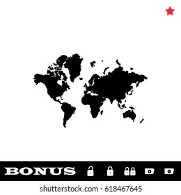 World map icon flat. Black pictogram on white background. Vector illustration symbol and bonus button open and closed lock, folder, star