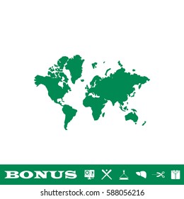 World map icon flat. Green pictogram on white background. Vector illustration symbol and bonus button