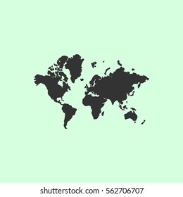 World map icon flat. Grey vector symbol on green background