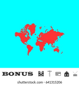 World map icon flat. Red pictogram on blue background. Vector illustration symbol and bonus buttons Music center, corkscrew, credit card, house, drum