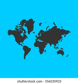 World map icon flat. Simple vector black pictogram on blue background