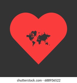 World map icon flat. Simple pictogram on heart background. Vector illustration symbol