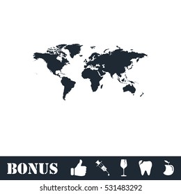 World map icon flat. Vector illustration symbol and bonus pictogram