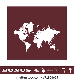 World map icon flat. White pictogram on brown background. Vector illustration symbol and bonus icons