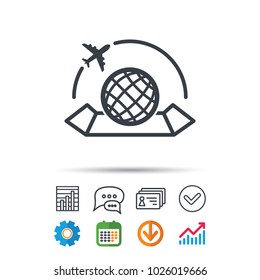 World map icon. Globe with airplane sign. Plane travel symbol. Statistics chart, chat speech bubble and contacts signs. Check web icon. Vector