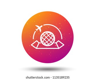 World map icon. Globe with airplane sign. Plane travel symbol. Circle button with Soft color gradient background. Vector