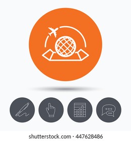 World map icon. Globe with airplane sign. Plane travel symbol. Speech bubbles. Pen, hand click and chart. Orange circle button with icon. Vector
