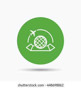 World map icon. Globe with airplane sign. Plane travel symbol. Flat web button with icon on white background. Green round pressbutton with shadow. Vector