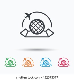 World map icon. Globe with airplane sign. Plane travel symbol. Colored flat web icon on white background. Vector