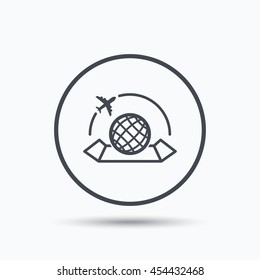 World map icon. Globe with airplane sign. Plane travel symbol. Circle button with flat web icon on white background. Vector