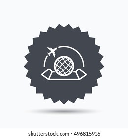 World map icon. Globe with airplane sign. Plane travel symbol. Gray star button with flat web icon. Vector