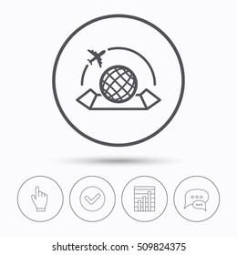 World map icon. Globe with airplane sign. Plane travel symbol. Chat speech bubbles. Check tick, report chart and hand click. Linear icons. Vector