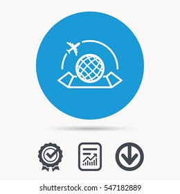 World map icon. Globe with airplane sign. Plane travel symbol. Achievement check, download and report file signs. Circle button with web icon. Vector
