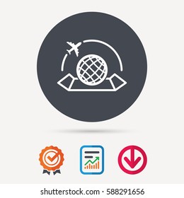 World map icon. Globe with airplane sign. Plane travel symbol. Report document, award medal with tick and new tag signs. Colored flat web icons. Vector