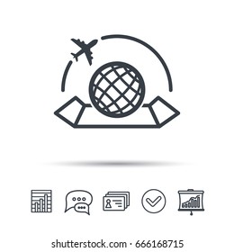 World map icon. Globe with airplane sign. Plane travel symbol. Chat speech bubble, chart and presentation signs. Contacts and tick web icons. Vector