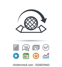World map icon. Globe with arrow sign. Travel location symbol. Statistics chart, chat speech bubble and contacts signs. Check web icon. Vector