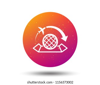 World map icon. Globe with arrow sign. Plane travel symbol. Circle button with Soft color gradient background. Vector