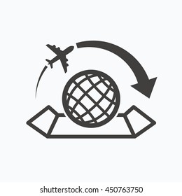 World map icon. Globe with arrow sign. Plane travel symbol. Gray flat web icon on white background. Vector