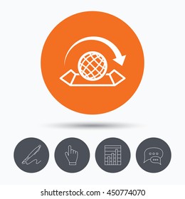 World map icon. Globe with arrow sign. Travel location symbol. Speech bubbles. Pen, hand click and chart. Orange circle button with icon. Vector