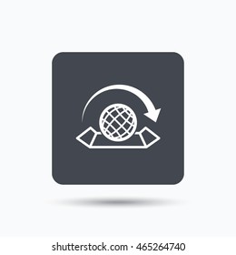 World map icon. Globe with arrow sign. Travel location symbol. Gray square button with flat web icon. Vector