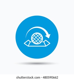 World map icon. Globe with arrow sign. Travel location symbol. Blue circle button with flat web icon. Vector