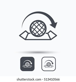 World map icon. Globe with arrow sign. Travel location symbol. Square buttons with flat web icon on white background. Vector