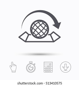 World map icon. Globe with arrow sign. Travel location symbol. Stopwatch timer. Hand click, report chart and download arrow. Linear icons. Vector