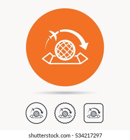 World map icon. Globe with arrow sign. Plane travel symbol. Orange circle button with web icon. Star and square design. Vector