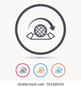 World map icon. Globe with arrow sign. Travel location symbol. Colored circle buttons with flat web icon. Vector
