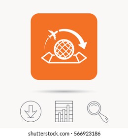World map icon. Globe with arrow sign. Plane travel symbol. Report chart, download and magnifier search signs. Orange square button with web icon. Vector