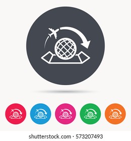 World map icon. Globe with arrow sign. Plane travel symbol. Colored circle buttons with flat web icon. Vector