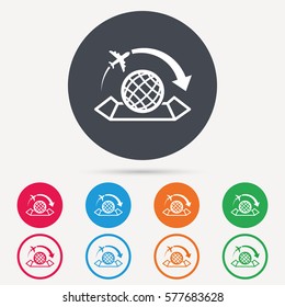 World map icon. Globe with arrow sign. Plane travel symbol. Round circle buttons. Colored flat web icons. Vector