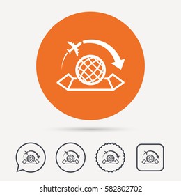 World map icon. Globe with arrow sign. Plane travel symbol. Circle, speech bubble and star buttons. Flat web icons. Vector