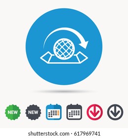 World map icon. Globe with arrow sign. Travel location symbol. Calendar, download arrow and new tag signs. Colored flat web icons. Vector