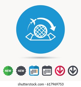 World map icon. Globe with arrow sign. Plane travel symbol. Calendar, download arrow and new tag signs. Colored flat web icons. Vector
